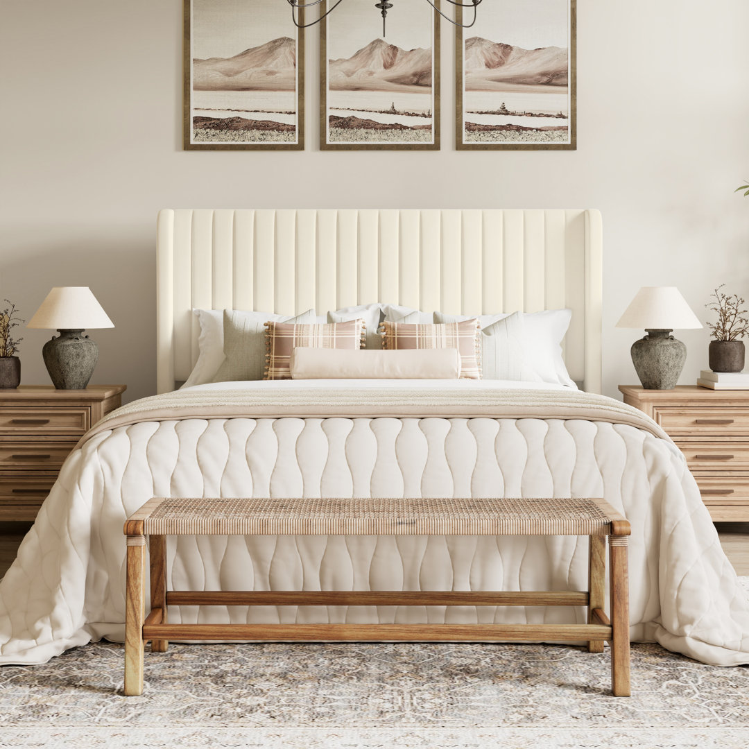 Candler Velvet Upholstered Platform Bed with Wingback Headboard and Wooden Slats
